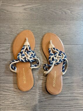 BCBGeneration Tan Sandals with Blue & Cream Braided Straps